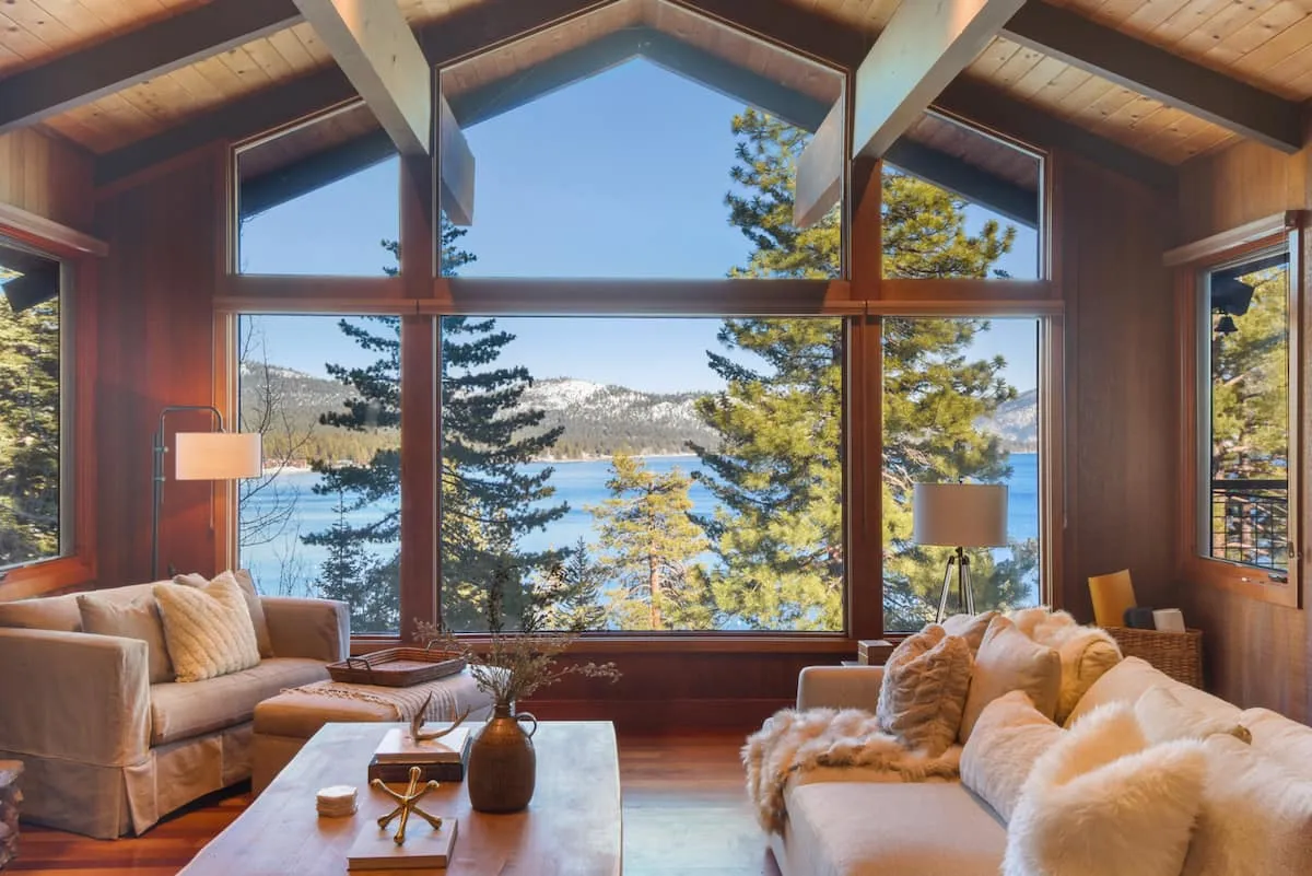 Staged Tahoe cabin with lake view